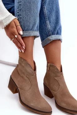 Damskie Damskie buty S.Barski Zamszowe Botki Kowbojki Na Suwak D&A SN622-29 Ciemnobeżowe