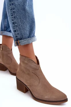 Damskie Damskie buty S.Barski Zamszowe Botki Kowbojki Na Suwak D&A SN622-29 Ciemnobeżowe