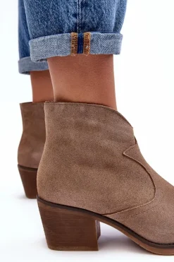 Damskie Damskie buty S.Barski Zamszowe Botki Kowbojki Na Suwak D&A SN622-29 Ciemnobeżowe