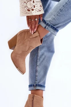 Damskie Boto Zamszowe Botki Kowbojki Na Obcasie Beżowe Lotoune