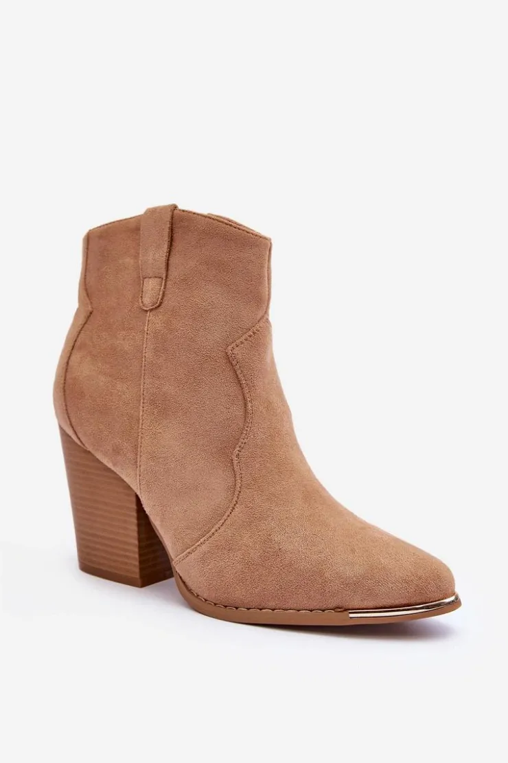 Damskie Boto Zamszowe Botki Kowbojki Na Obcasie Beżowe Lotoune