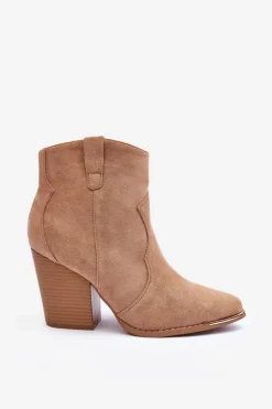 Damskie Boto Zamszowe Botki Kowbojki Na Obcasie Beżowe Lotoune