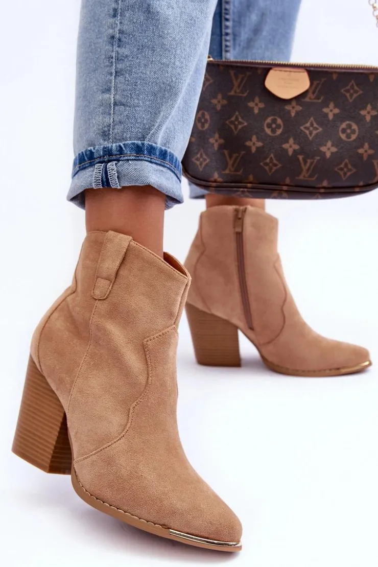 Damskie Boto Zamszowe Botki Kowbojki Na Obcasie Beżowe Lotoune