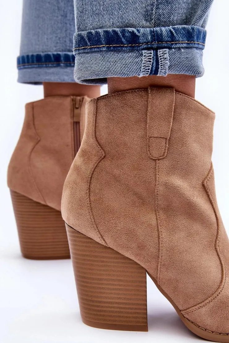 Damskie Boto Zamszowe Botki Kowbojki Na Obcasie Beżowe Lotoune