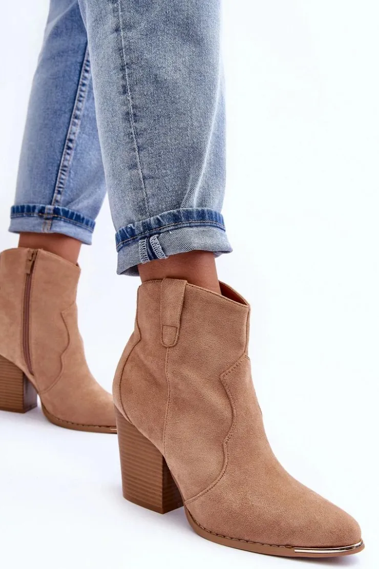 Damskie Boto Zamszowe Botki Kowbojki Na Obcasie Beżowe Lotoune