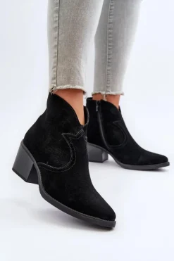 Hot Damskie buty S.Barski Zamszowe Botki Kowbojki Na Suwak D&A SN622-29 Czarne