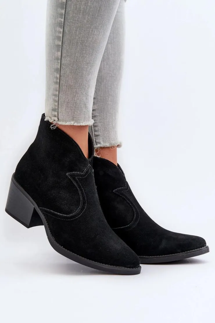 Hot Damskie buty S.Barski Zamszowe Botki Kowbojki Na Suwak D&A SN622-29 Czarne