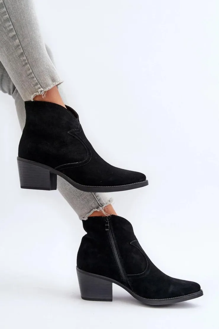 Hot Damskie buty S.Barski Zamszowe Botki Kowbojki Na Suwak D&A SN622-29 Czarne