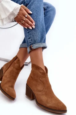 Sale Damskie buty S.Barski Zamszowe Botki Kowbojki Na Suwak D&A SN622-29 Camel