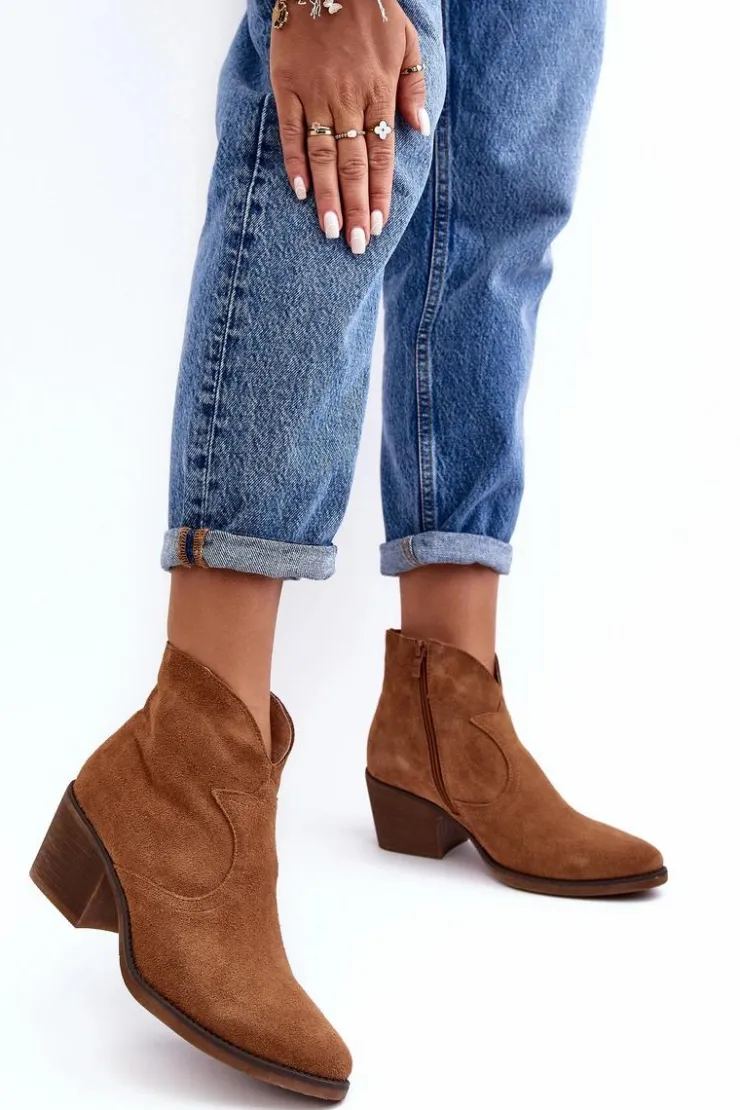 Sale Damskie buty S.Barski Zamszowe Botki Kowbojki Na Suwak D&A SN622-29 Camel