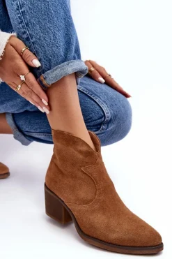 Sale Damskie buty S.Barski Zamszowe Botki Kowbojki Na Suwak D&A SN622-29 Camel