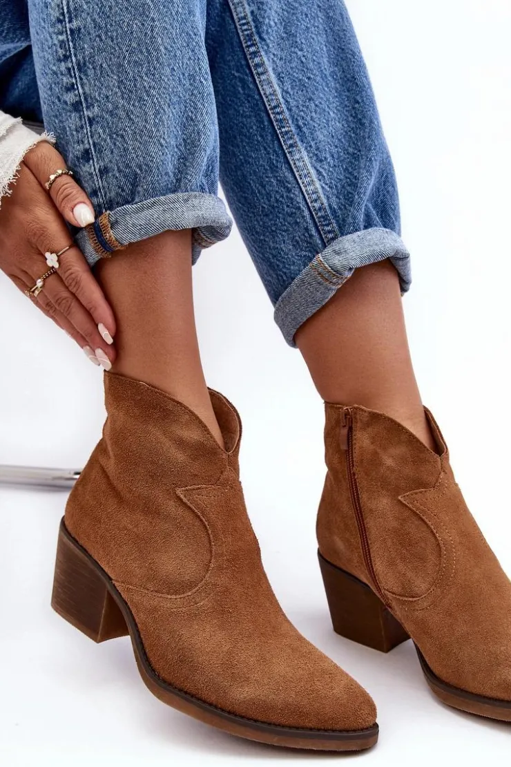Sale Damskie buty S.Barski Zamszowe Botki Kowbojki Na Suwak D&A SN622-29 Camel