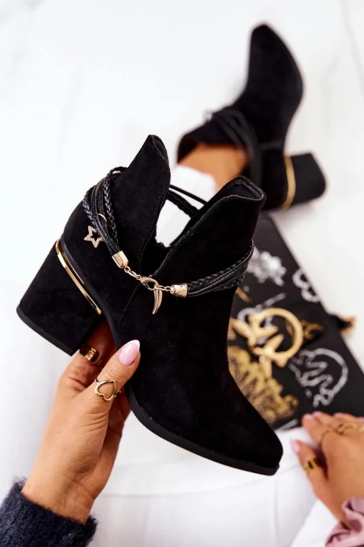 Boto Botki Wiosenne|Botki Na Słupku*Zamszowe Botki Kowbojki Z Paskami Czarne Inessa