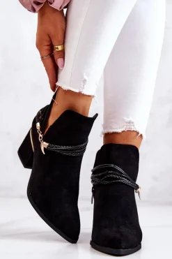 Boto Botki Wiosenne|Botki Na Słupku*Zamszowe Botki Kowbojki Z Paskami Czarne Inessa