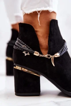 Boto Botki Wiosenne|Botki Na Słupku*Zamszowe Botki Kowbojki Z Paskami Czarne Inessa