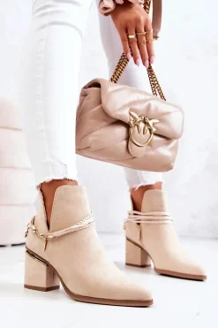 Damskie Boto Zamszowe Botki Kowbojki Z Paskami Beżowe Inessa