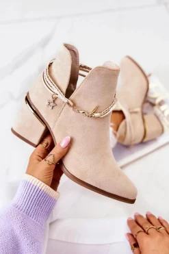 Damskie Boto Zamszowe Botki Kowbojki Z Paskami Beżowe Inessa