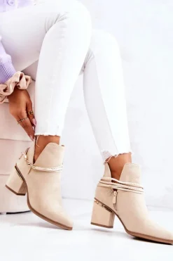 Damskie Boto Zamszowe Botki Kowbojki Z Paskami Beżowe Inessa