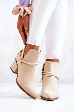 Damskie Boto Zamszowe Botki Kowbojki Z Paskami Beżowe Inessa