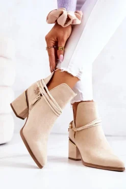 Damskie Boto Zamszowe Botki Kowbojki Z Paskami Beżowe Inessa