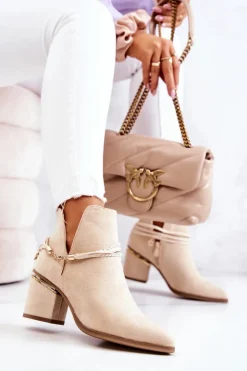 Damskie Boto Zamszowe Botki Kowbojki Z Paskami Beżowe Inessa