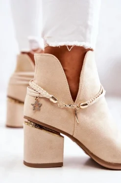 Damskie Boto Zamszowe Botki Kowbojki Z Paskami Beżowe Inessa