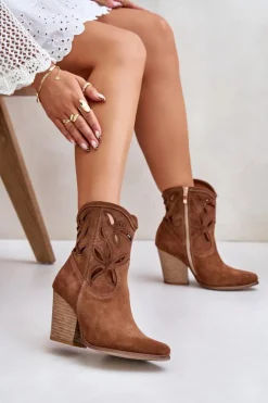 Damskie Boto Zamszowe Botki Kowbojki Z Ażurowym Wzorem Lewski 3612 Brązowe