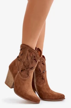 Damskie Boto Zamszowe Botki Kowbojki Z Ażurowym Wzorem Lewski 3612 Brązowe