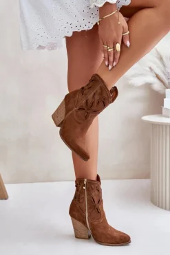 Damskie Boto Zamszowe Botki Kowbojki Z Ażurowym Wzorem Lewski 3612 Brązowe