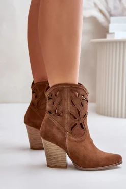 Damskie Boto Zamszowe Botki Kowbojki Z Ażurowym Wzorem Lewski 3612 Brązowe