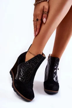 Boto Botki Wiosenne|Botki Na Koturnie*Zamszowe Botki Na Koturnie Krokodyli Wzór Czarne Alda