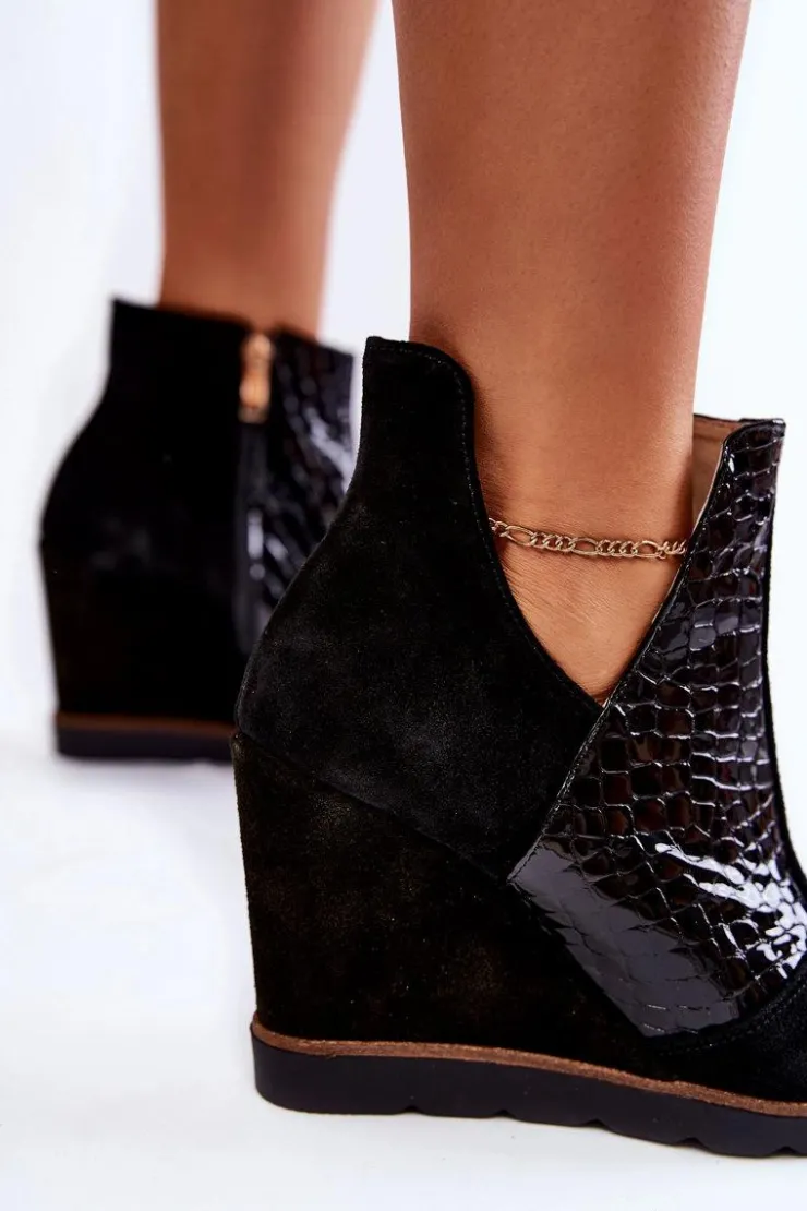 Boto Botki Wiosenne|Botki Na Koturnie*Zamszowe Botki Na Koturnie Krokodyli Wzór Czarne Alda