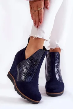 Boto Botki Wiosenne|Botki Na Koturnie*Zamszowe Botki Na Koturnie Krokodyli Wzór Granatowe Alda