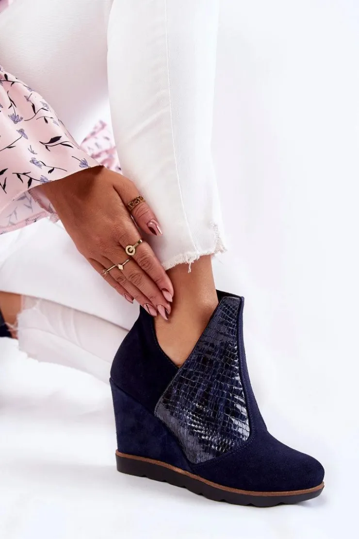 Boto Botki Wiosenne|Botki Na Koturnie*Zamszowe Botki Na Koturnie Krokodyli Wzór Granatowe Alda