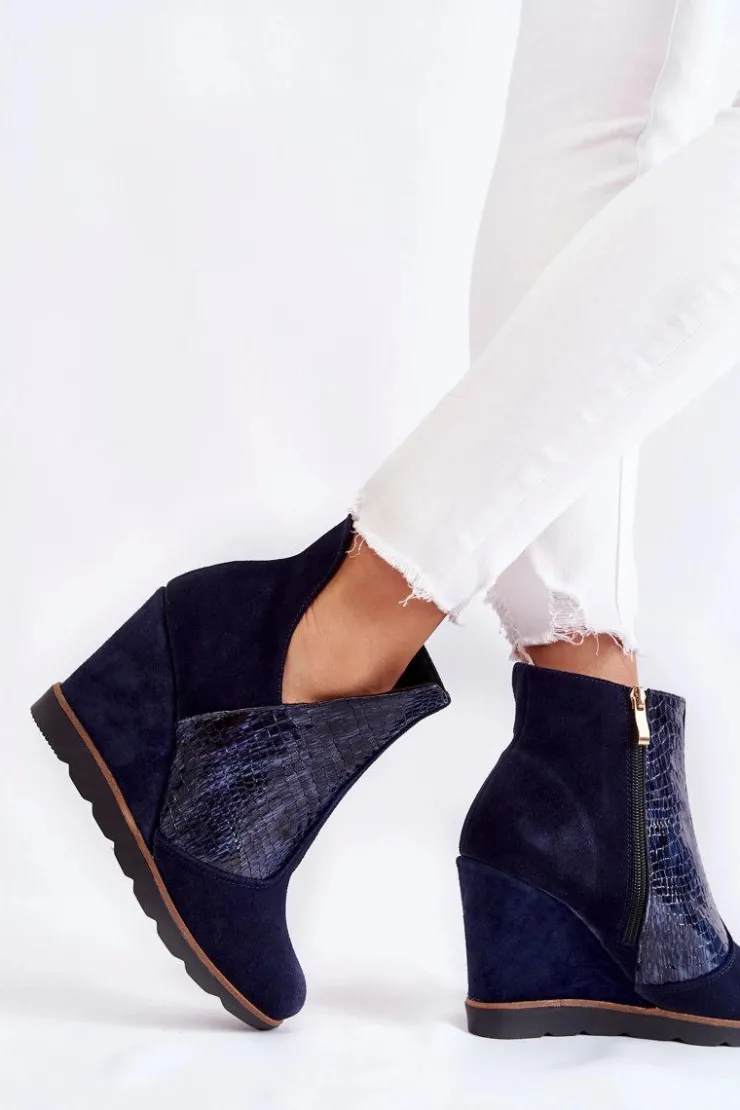 Boto Botki Wiosenne|Botki Na Koturnie*Zamszowe Botki Na Koturnie Krokodyli Wzór Granatowe Alda