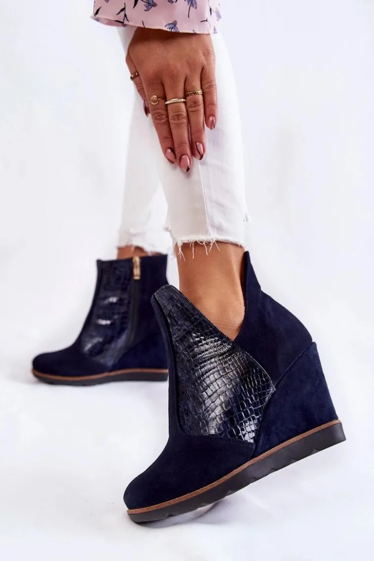 Boto Botki Wiosenne|Botki Na Koturnie*Zamszowe Botki Na Koturnie Krokodyli Wzór Granatowe Alda