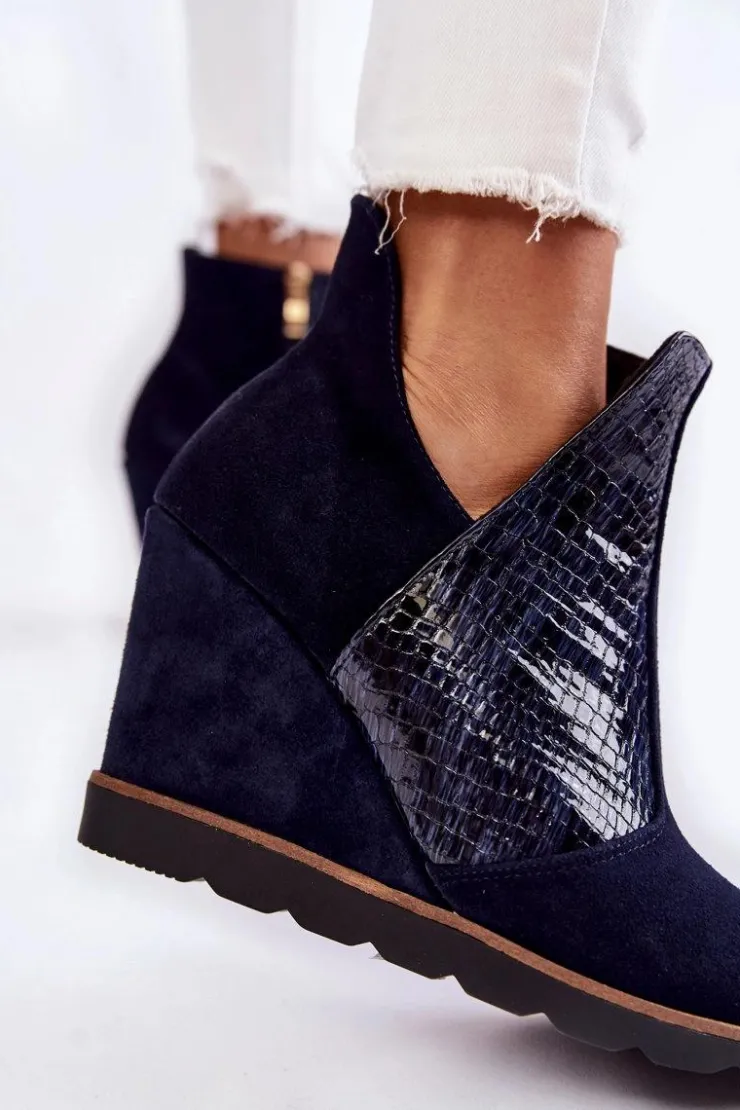 Boto Botki Wiosenne|Botki Na Koturnie*Zamszowe Botki Na Koturnie Krokodyli Wzór Granatowe Alda