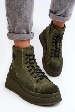 Discount Maciejka Zamszowe Botki Na Masywnej Platformie 06309-24 Oliwkowe