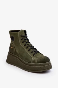 Discount Maciejka Zamszowe Botki Na Masywnej Platformie 06309-24 Oliwkowe