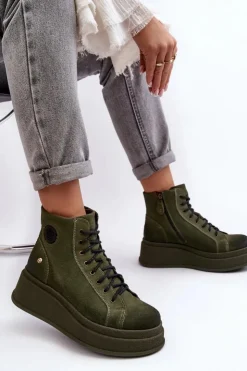 Discount Maciejka Zamszowe Botki Na Masywnej Platformie 06309-24 Oliwkowe