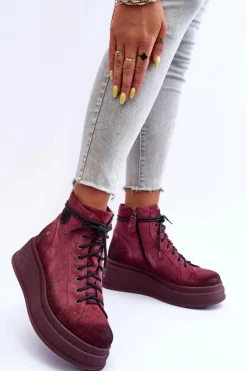 Best Maciejka Zamszowe Botki Na Masywnej Platformie 06309-23 Bordowe