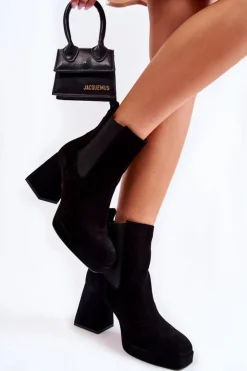 Damskie Laura Messi Zamszowe Botki Na Masywnym Obcasie 2519 Czarne