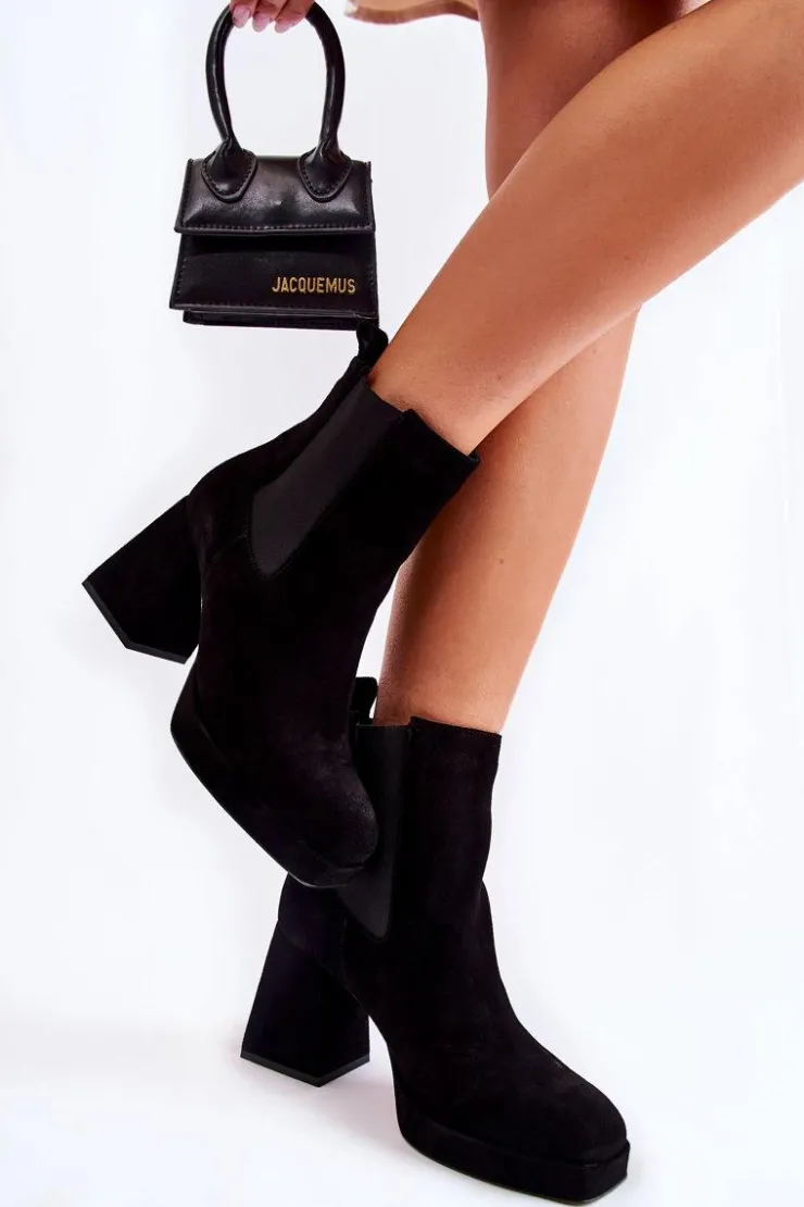 Damskie Laura Messi Zamszowe Botki Na Masywnym Obcasie 2519 Czarne