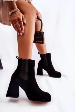 Damskie Laura Messi Zamszowe Botki Na Masywnym Obcasie 2519 Czarne