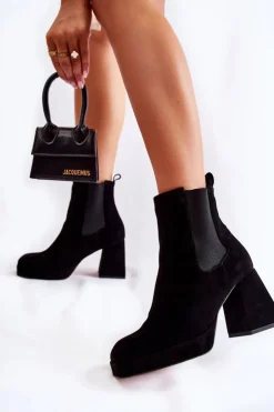 Damskie Laura Messi Zamszowe Botki Na Masywnym Obcasie 2519 Czarne