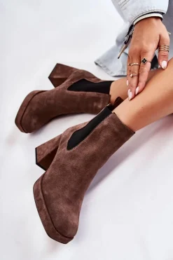 Laura Messi Botki Ocieplane|Czarne Botki*Zamszowe Botki Na Masywnym Obcasie 2519 Brązowe Brązowy