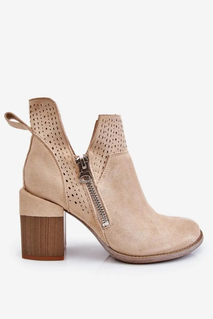 Boto Botki Wiosenne|Botki Na Słupku*Zamszowe Botki Na Masywnym Obcasie Jasnobeżowe Camden