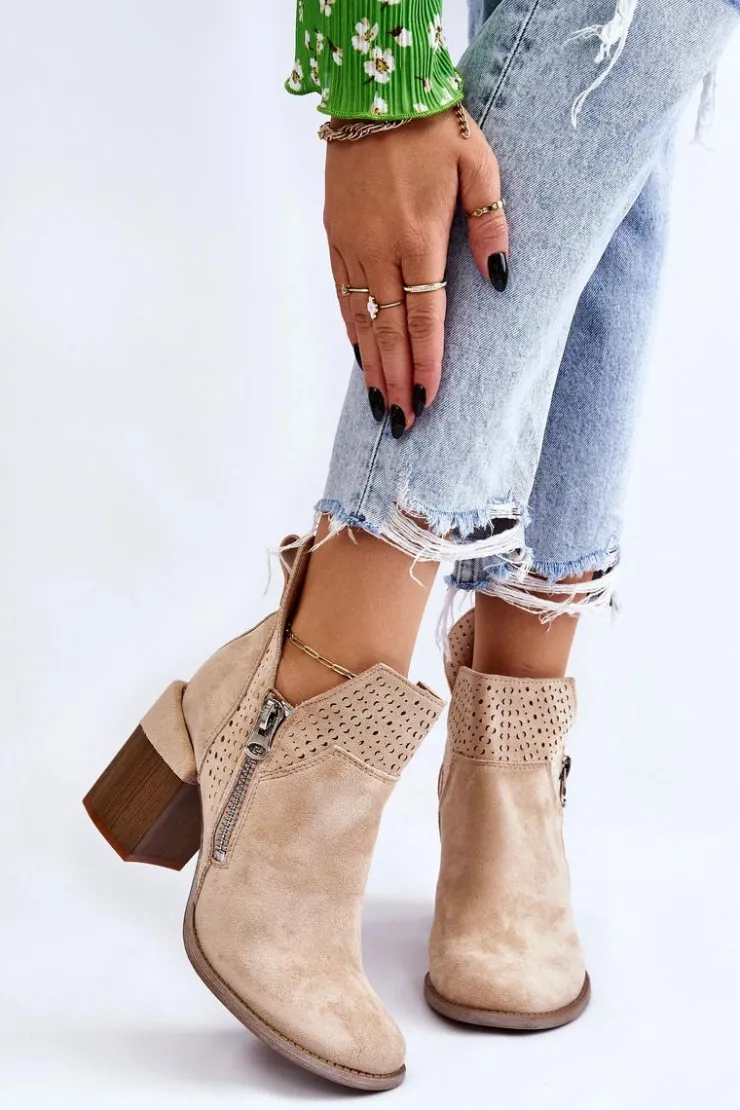 Boto Botki Wiosenne|Botki Na Słupku*Zamszowe Botki Na Masywnym Obcasie Jasnobeżowe Camden