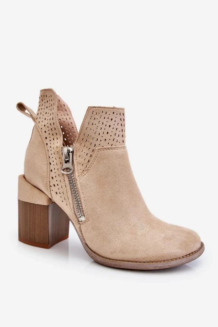 Boto Botki Wiosenne|Botki Na Słupku*Zamszowe Botki Na Masywnym Obcasie Jasnobeżowe Camden