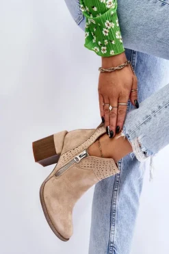 Boto Botki Wiosenne|Botki Na Słupku*Zamszowe Botki Na Masywnym Obcasie Jasnobeżowe Camden